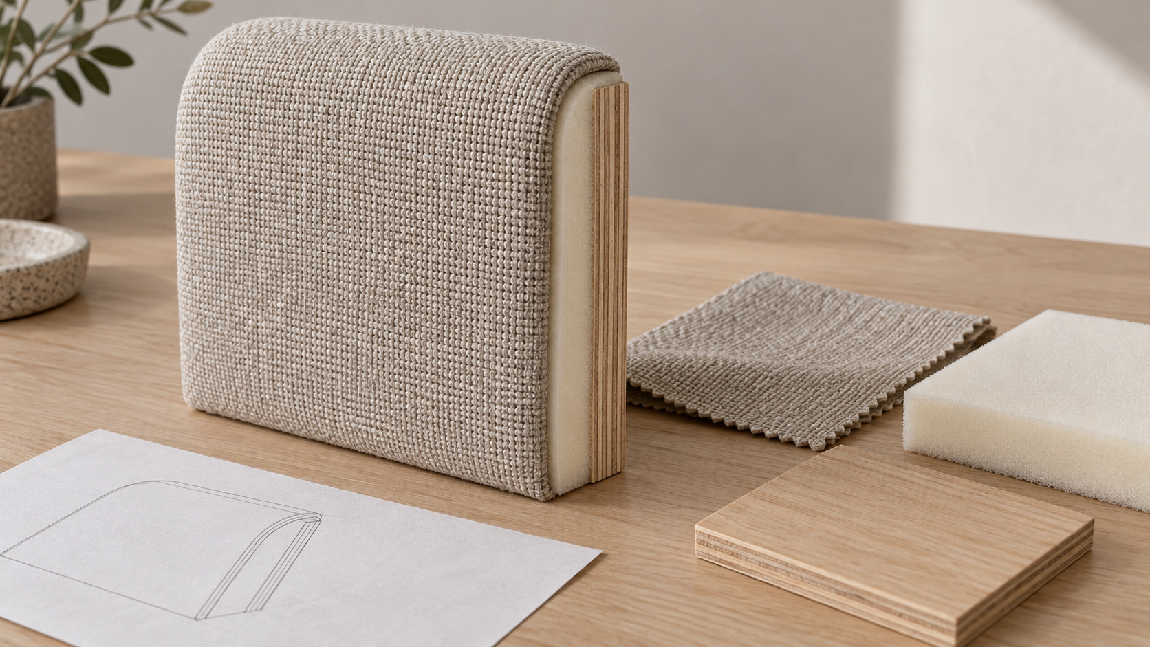 Upholstered headboard section sample beside separate fabric, foam and substrate pieces