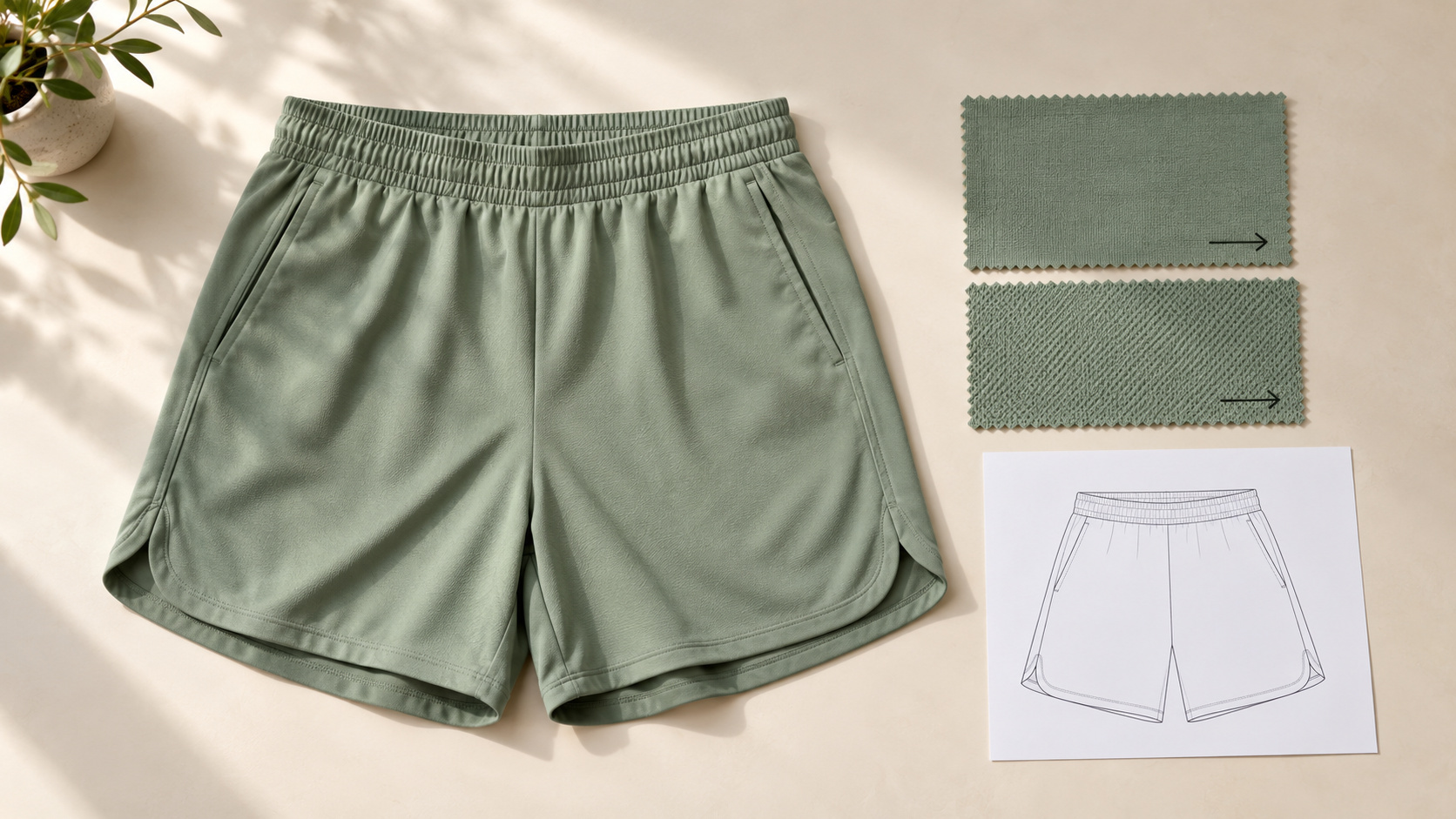 Voorbeeld van activewear-shorts naast stofstalen met gemarkeerde richting en een paneelschets