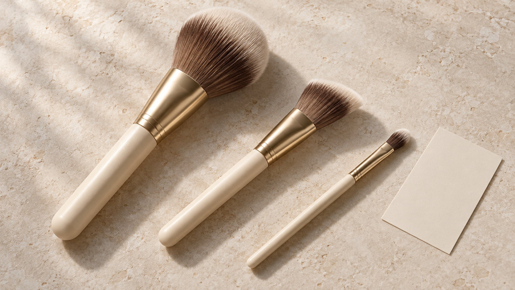 Tre umærkede makeup-børster med cremehåndtag og guldfarvede hylstre på en bleg studieoverflade