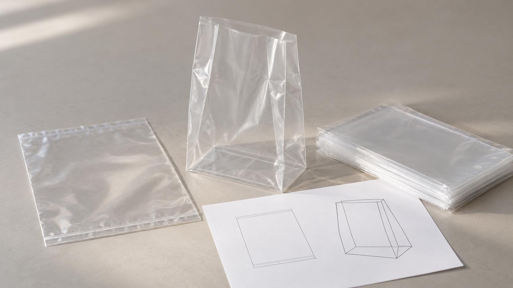 Clear flat and side-gusseted plastic bag samples beside a simple shape drawing
