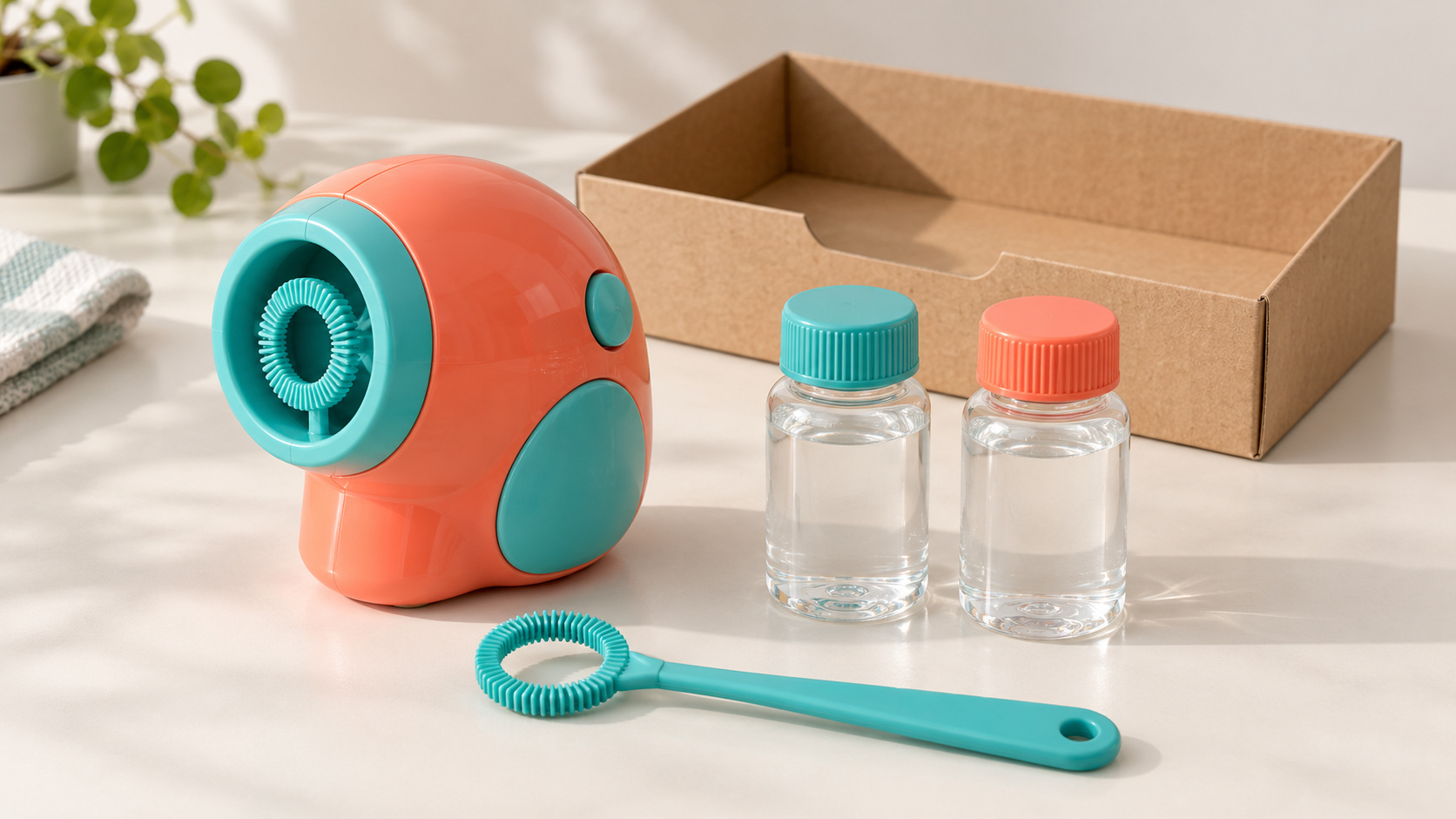 Bubble toy, separate wand and capped solution bottles arranged to illustrate component and filling routes