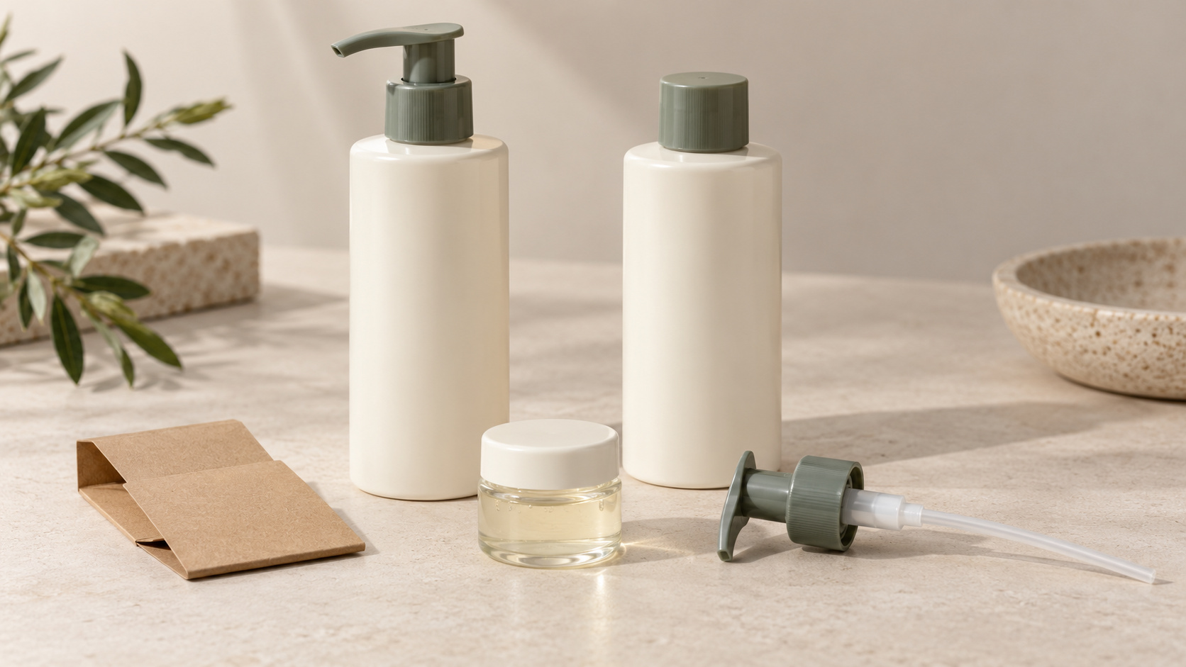 Unbranded shampoo bottle and pump packaging samples beside a capped formula-sample container
