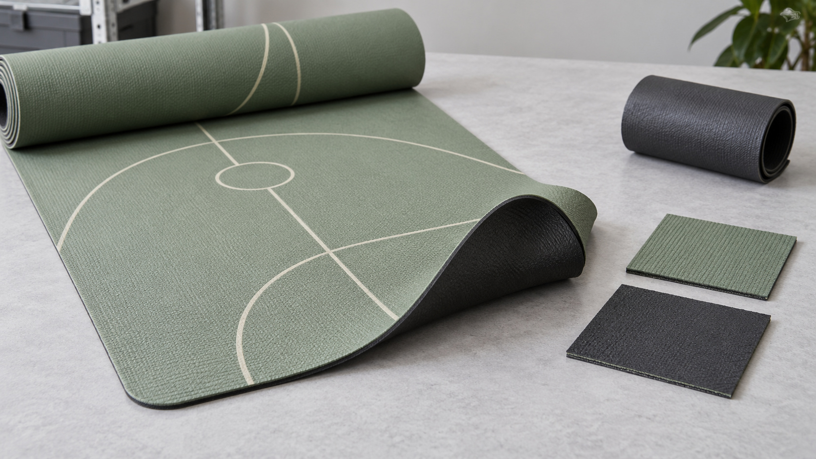 Printed yoga mat and separate base-material samples arranged to illustrate a manufacturing route