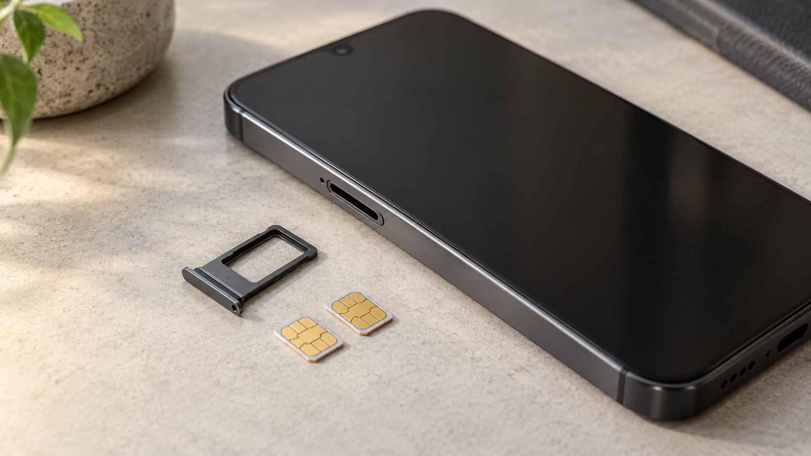 Unbranded smartphone beside a separate SIM tray and two SIM cards, illustrating physical card support