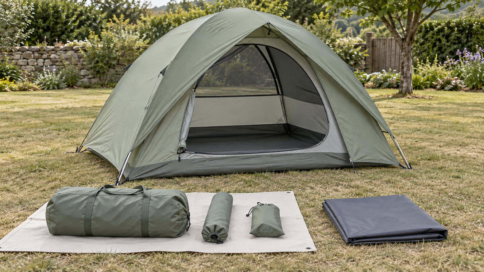Sage-green dome tent and its neatly arranged carrying bag and accessories