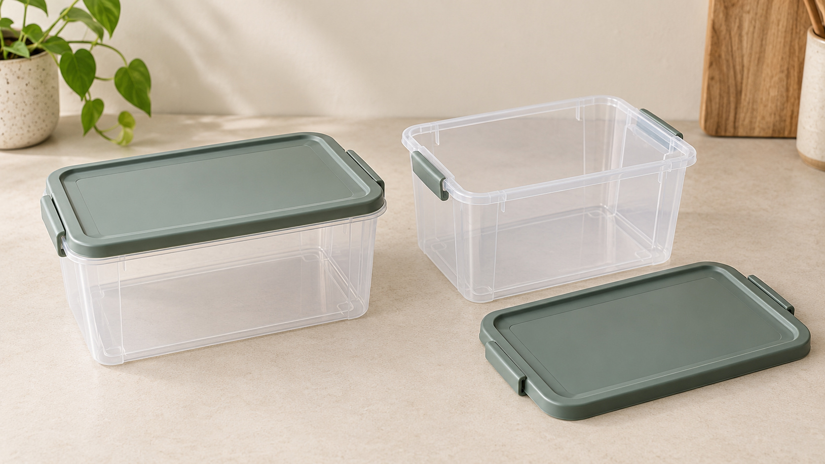 Plastic storage boxes shown with a closed lid and an open interior