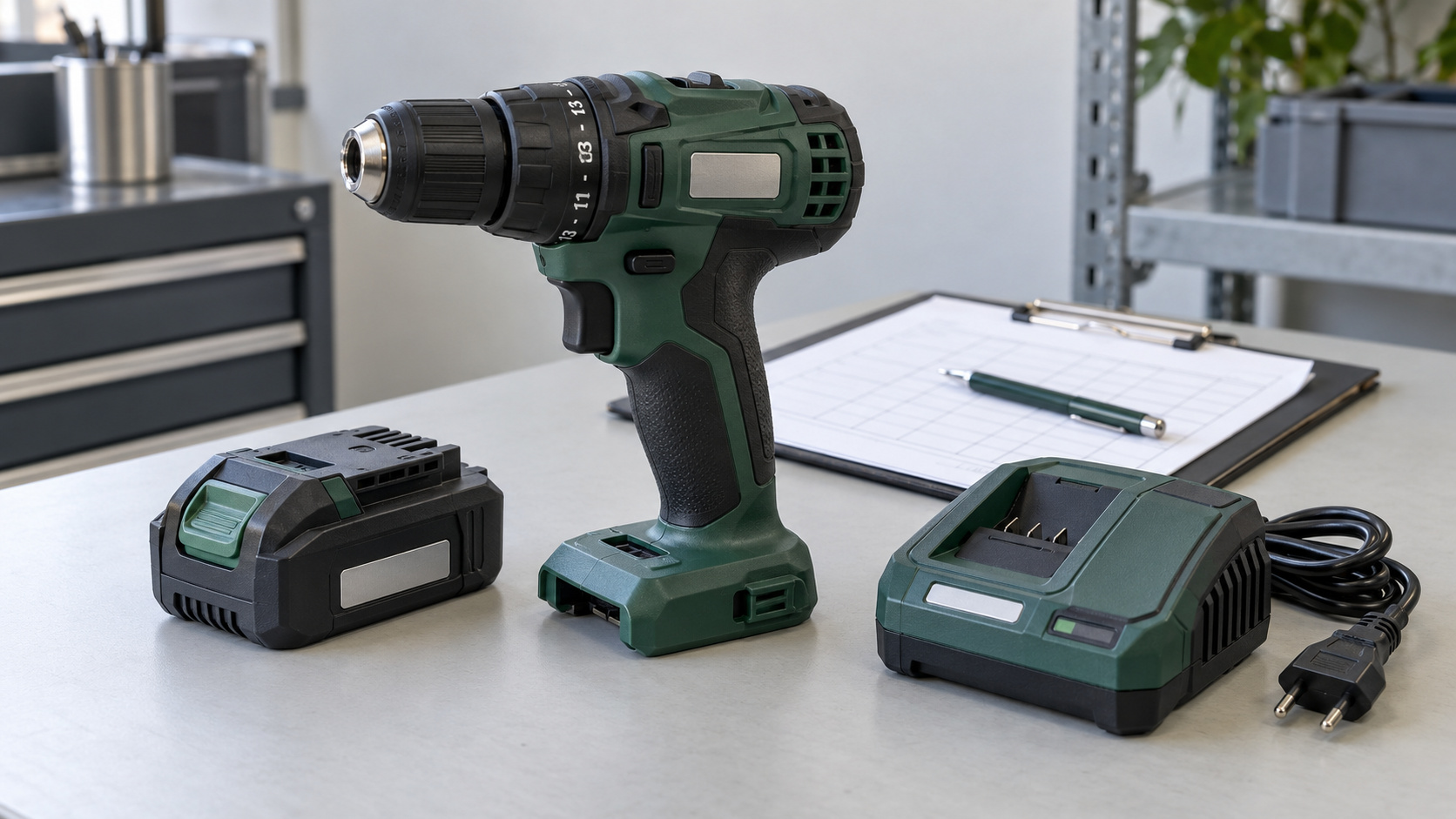 Cordless hand drill, separate battery and unplugged charger beside inspection records