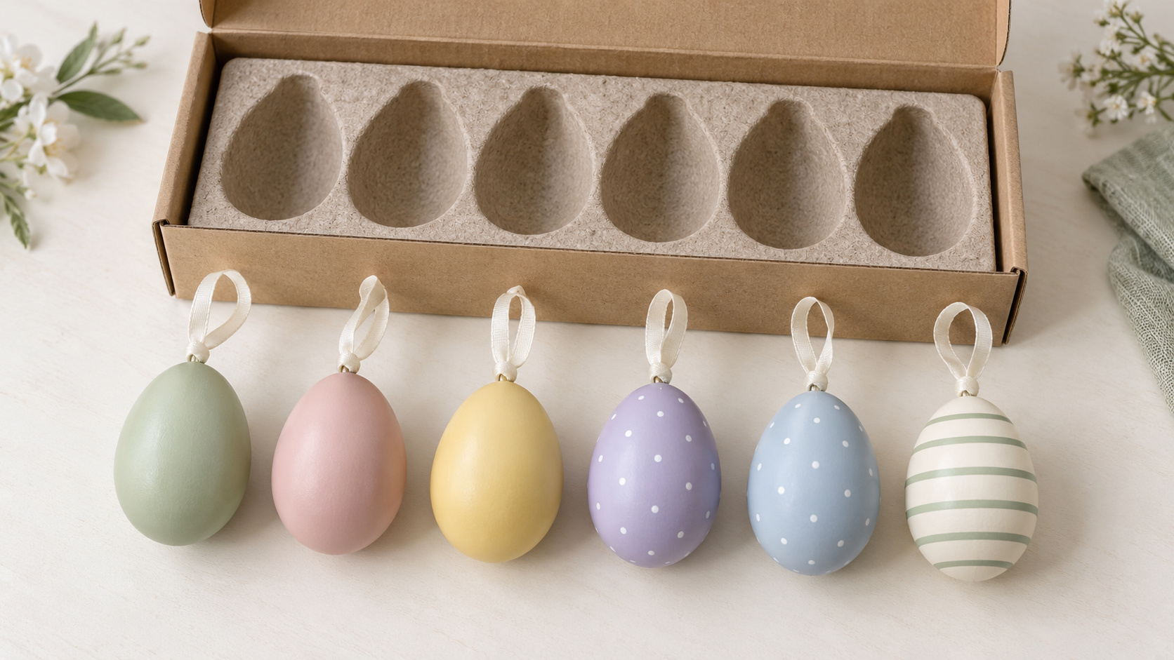 Adornos colgantes de huevos de Pascua en colores pastel dispuestos junto a su bandeja de embalaje minorista compartimentada