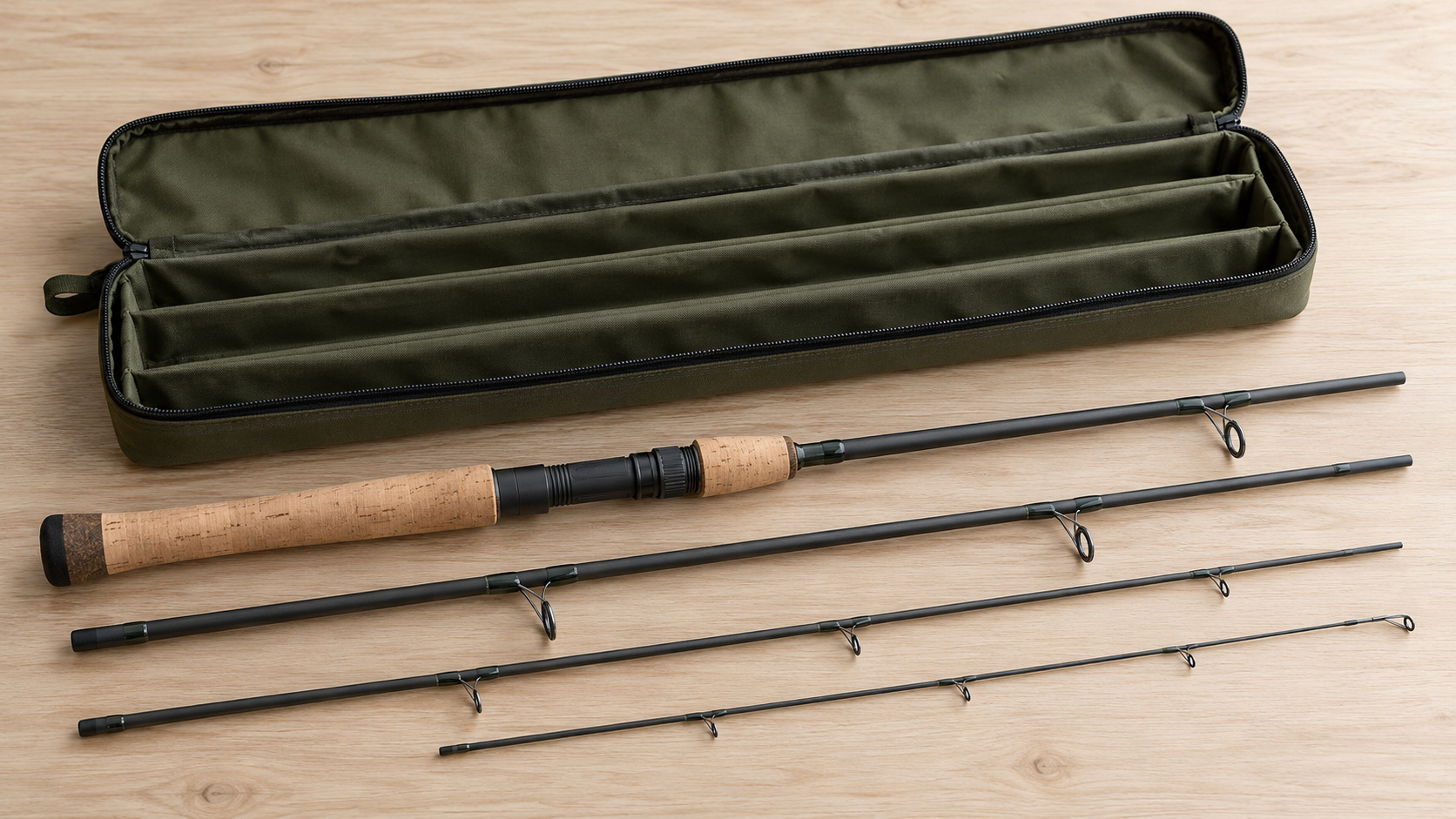 Separated travel fishing rod sections arranged beside an open protective case