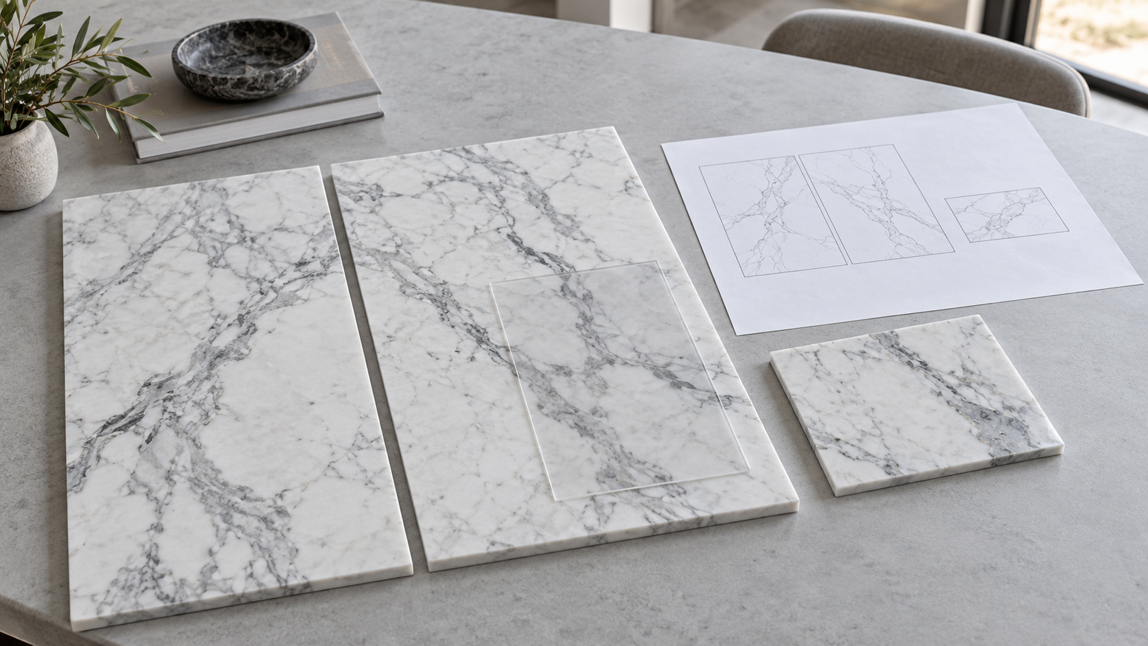 Marble samples and a schematic piece-layout sheet illustrating visual slab selection