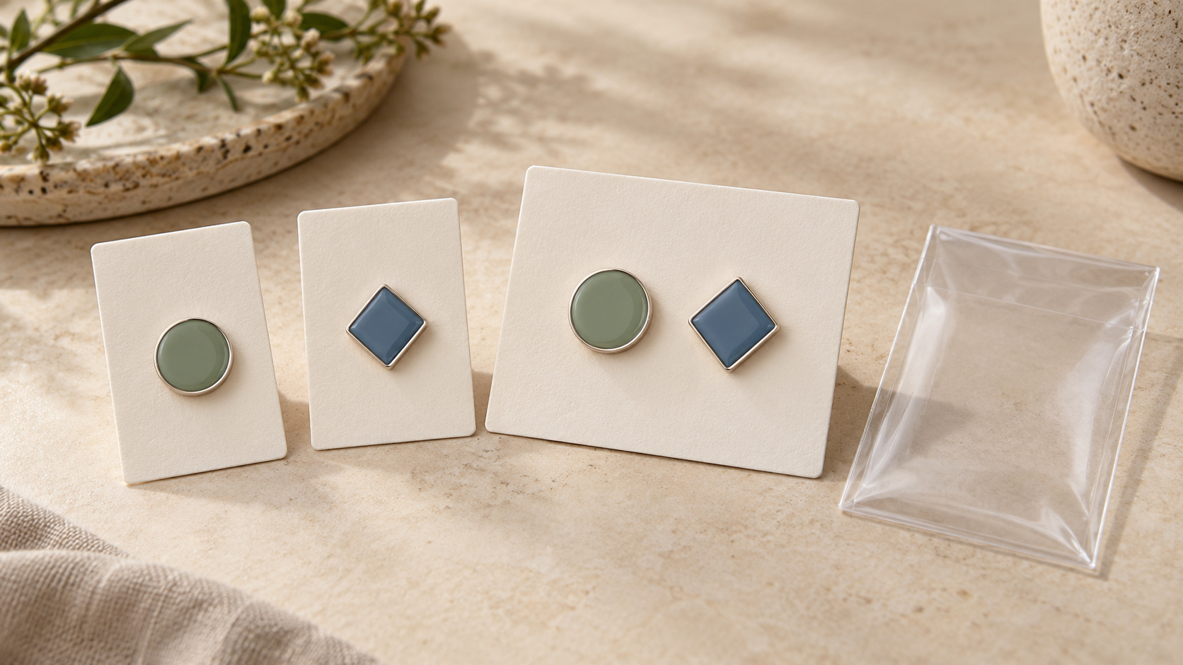 Geometrische geëmailleerde badges gemonteerd op gewone displaykaarten naast een set met twee badges