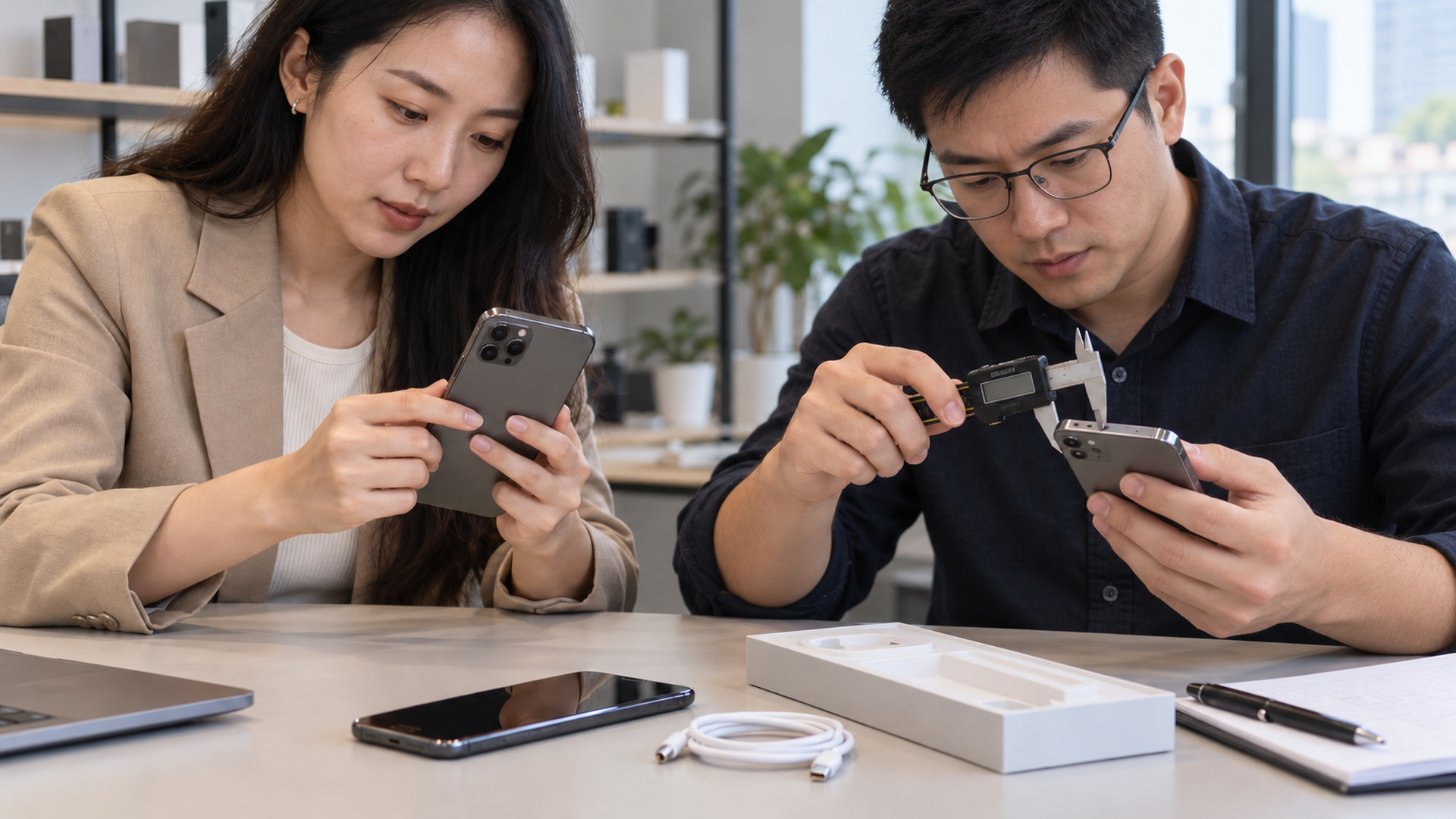 Illustrative scene of two Chinese sourcing specialists examining smartphone samples