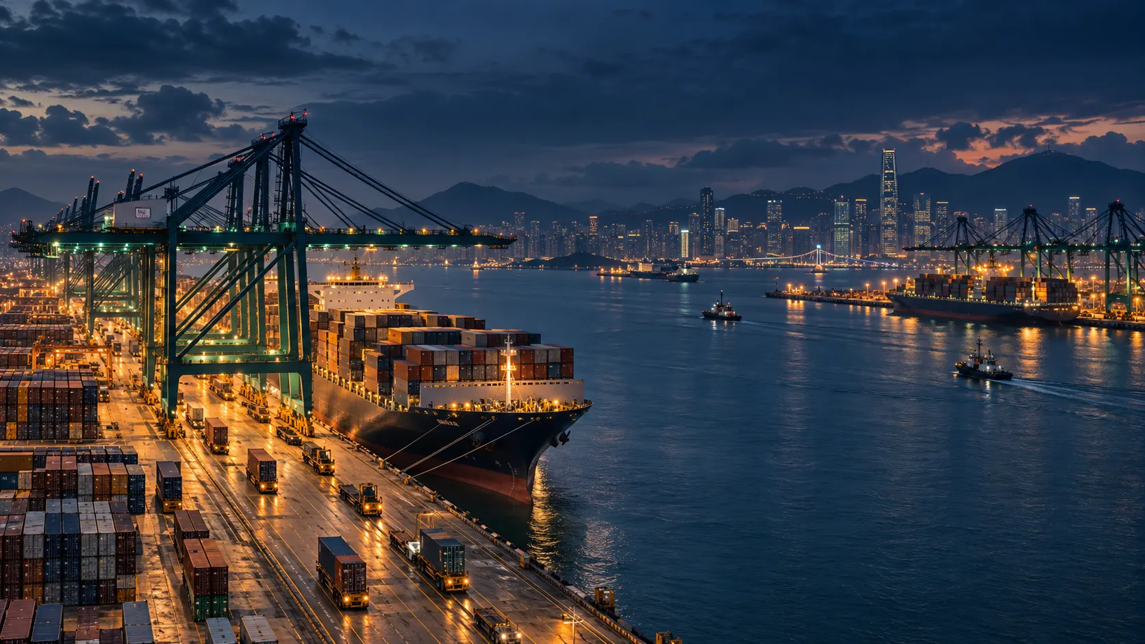 Container port at dusk